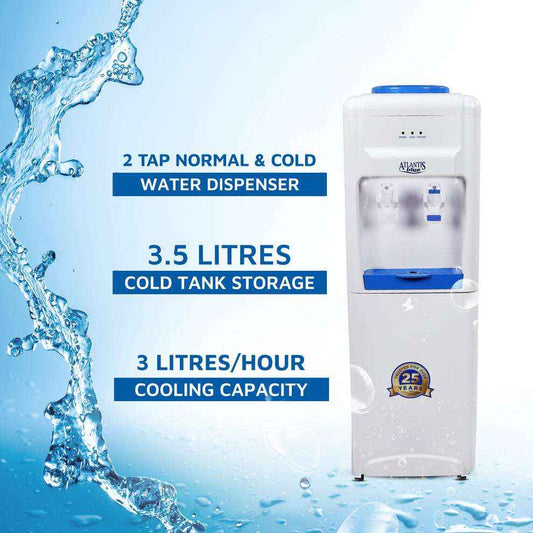 Atlantis water dispenser supplier Noida offering 2 tap normal and cold dispenser with 3.5 litre cold tank storage