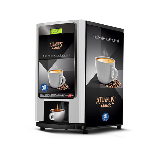 Atlantis New Classic coffee machine 2 LANE with a sleek black and silver design brewing fresh coffee