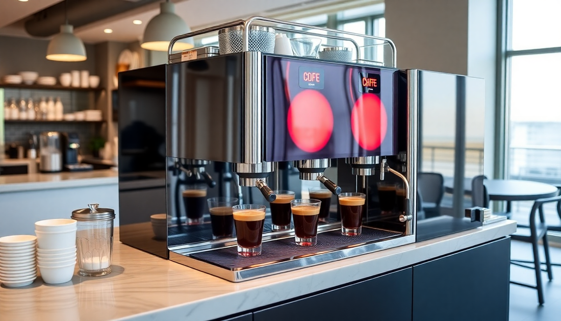 Modern Atlantis cold coffee machine for offices in Delhi brewing four cups in a bright office kitchen