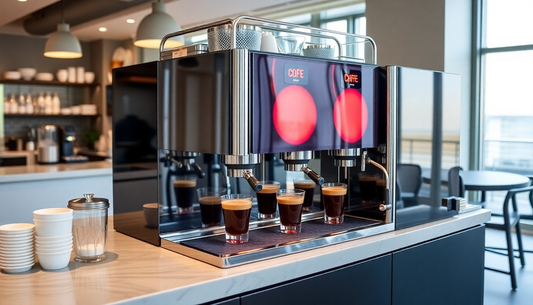 Modern Atlantis cold coffee machine for offices in Delhi brewing four cups in a bright office kitchen