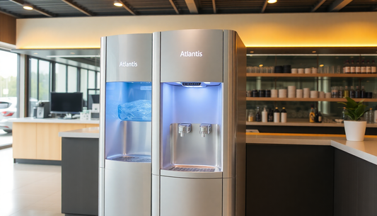Modern Atlantis water dispenser for offices with sleek design and blue LED lighting in a contemporary office kitchen