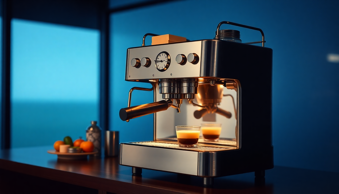 Modern espresso coffee machine with two cups of coffee on a wooden table from coffee machine supplier Noida
