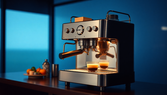 Modern espresso coffee machine with two cups of coffee on a wooden table from coffee machine supplier Noida