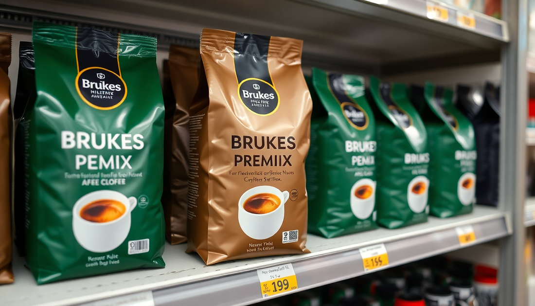 Brukes coffee premix packs displayed on a store shelf with price tags showing coffee machine delhi price