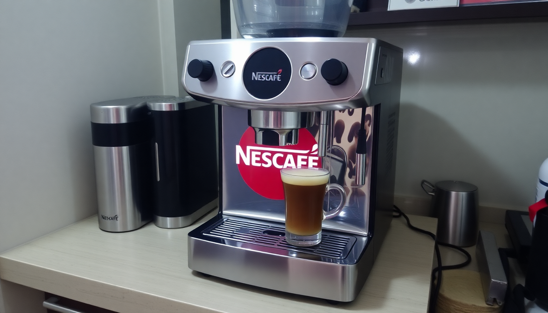 Modern Nescafe coffee machine brewing fresh coffee with glass cup on kitchen counter Nescafe coffee machine supplier Guwahati