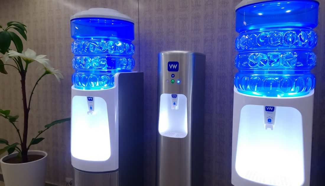 Atlantis Select water dispensers with glowing blue water bottles in a modern office setting