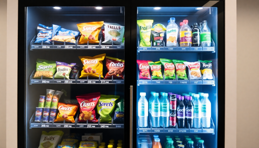 Modern office vending machine stocked with snacks and drinks