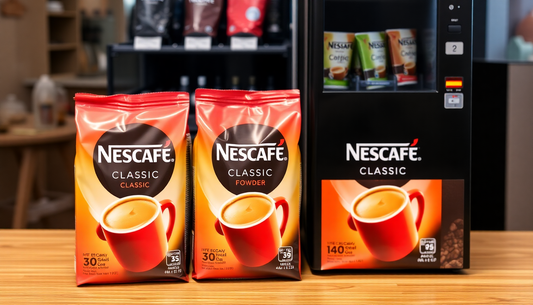 Bulk pack of Nescafe Classic coffee powder with vending machine