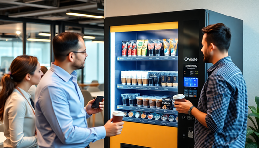 People using a coffee vending machine in an office setting searching for coffee machine near me options