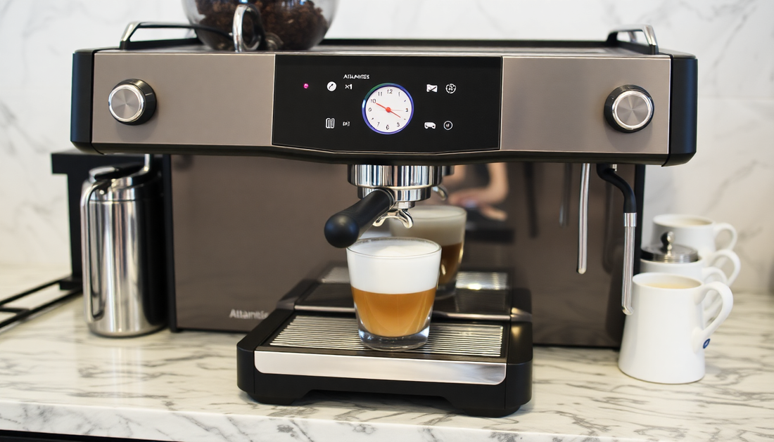 Atlantis coffee machine Indirapuram prices shown with modern espresso maker brewing coffee with frothy milk