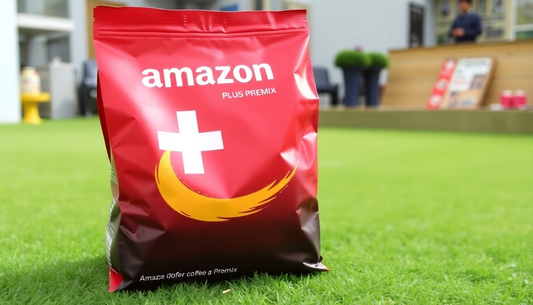 Red pouch of Amazon Plus coffee premix 1kg placed on green grass showing Amazon Plus coffee premix 1kg Noida deals