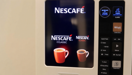 Close-up of Nescafe coffee options on the touchscreen panel of atlantis Vending Machines