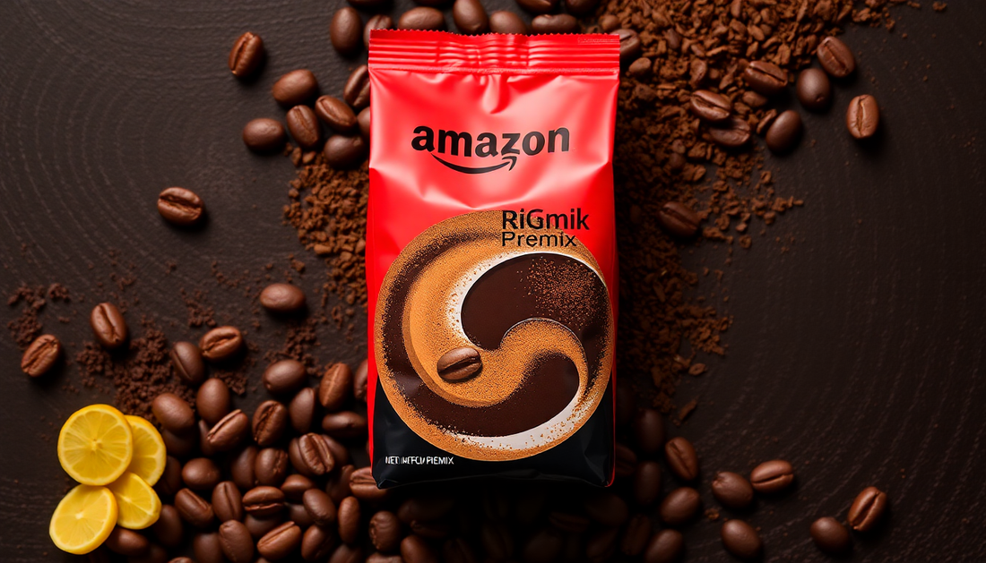 Amazon RiGmik Premix coffee pack surrounded by coffee beans and coffee powder highlighting best coffee premix deals in Noida