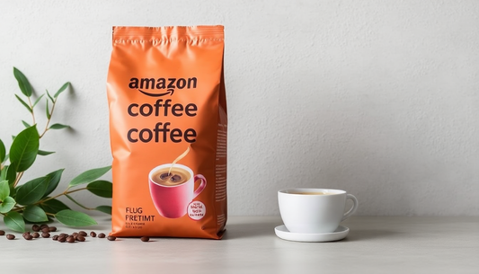 Pack of Amazon coffee premix with cup of coffee on table by Amazon coffee premix suppliers in Noida