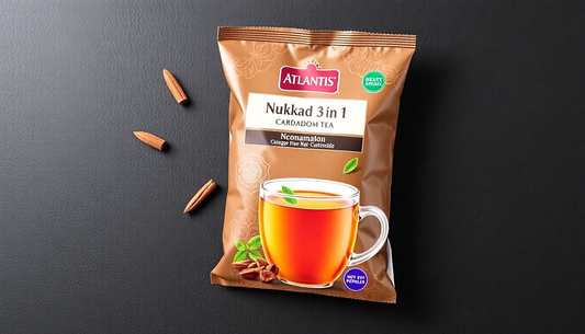 Buy quality tea premix online India with Atlantis Nukkad 3 in 1 cardamom tea pack and cup of brewed tea