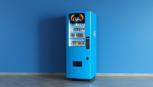 Blue coffee vending machine against blue wall showcasing coffee machines for Delhi offices