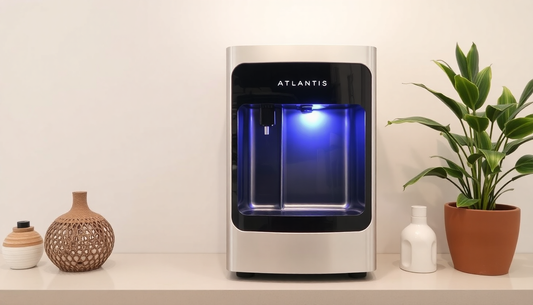 Atlantis water dispenser Sector 62 office with blue light on a table next to decorative plants and vases