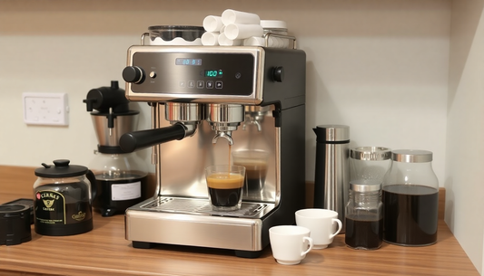Atlantis coffee vending machine for offices in Delhi NCR making a fresh espresso on a wooden countertop