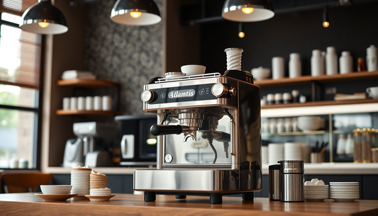 Atlantis coffee machine distributor Noida showcasing a modern espresso machine on a wooden counter in a stylish cafe