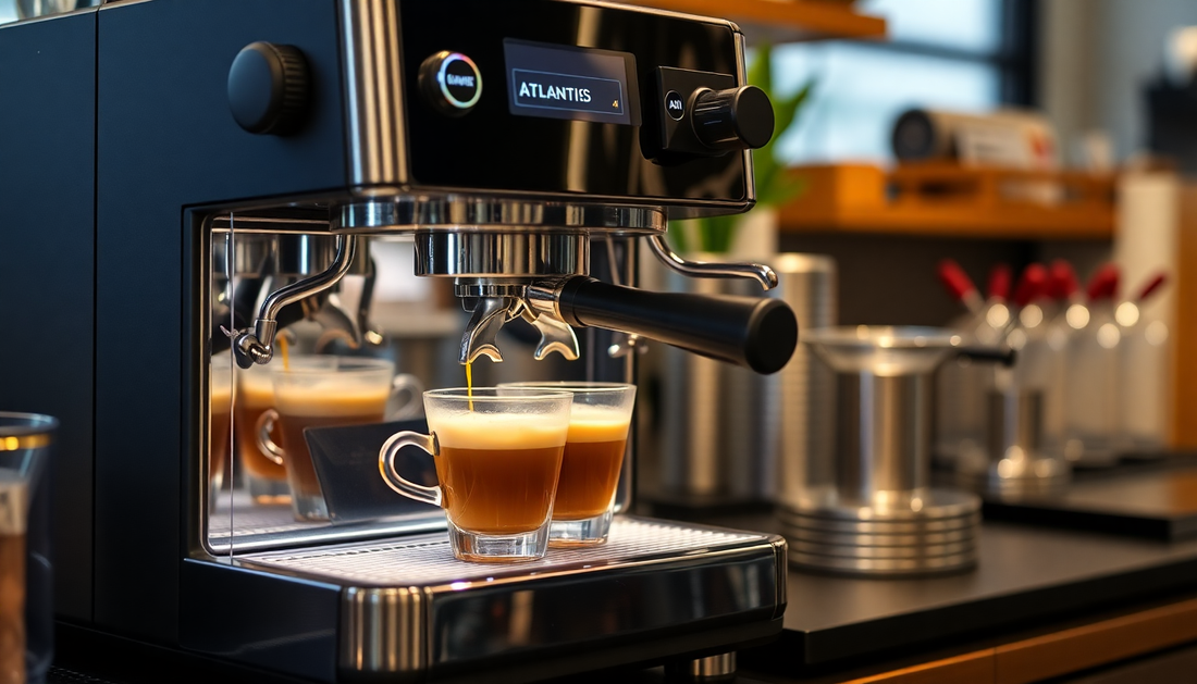 Atlantis Coffee Machine 4 Lane AMAZONE ONLINE dispensing fresh espresso shots in a modern kitchen setting