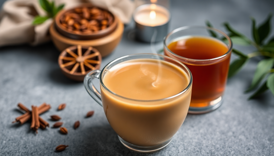 Steaming cup of masala tea and black tea with almonds and spices for masala tea premix for vending machines