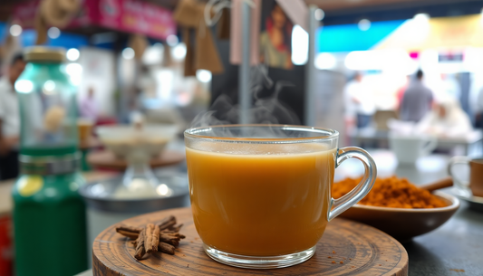 Steaming cup of tea with spices and powder in the background featuring Nestea Masala Gold Instant Tea Noida