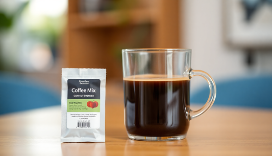 Glass cup of coffee next to a coffee mix sachet representing vending machine for office Ghaziabad beverage options