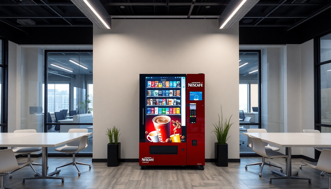 Modern office lounge featuring a Nescafe coffee machine rental for offices surrounded by tables and chairs