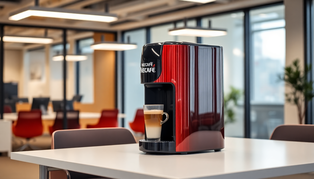 Modern red Nescafe coffee machine on office table offering nescafe coffee dispenser rental Lajpat Nagar service