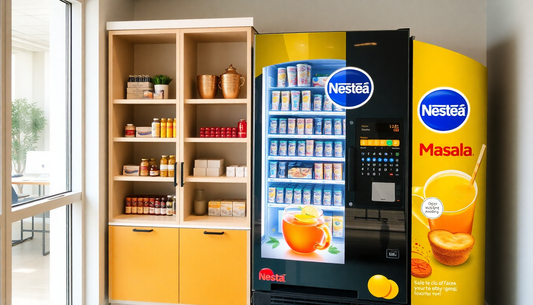 Nestea Masala Gold vending machine next to shelves with jars and cups in a well-lit room