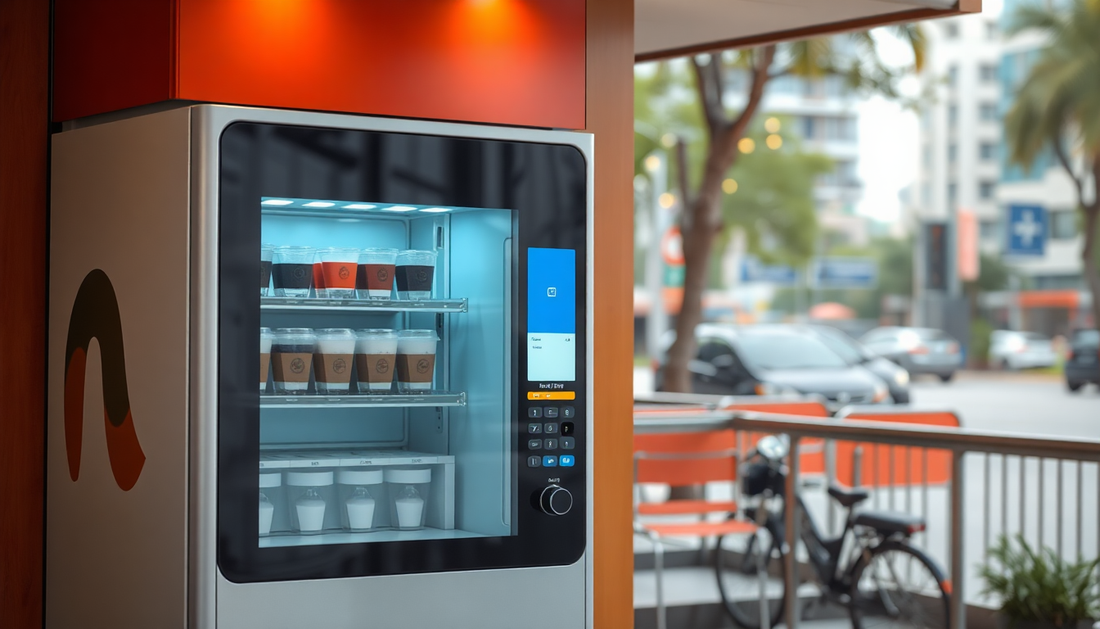 A modern coffee vending machine in an urban Gurugram setting