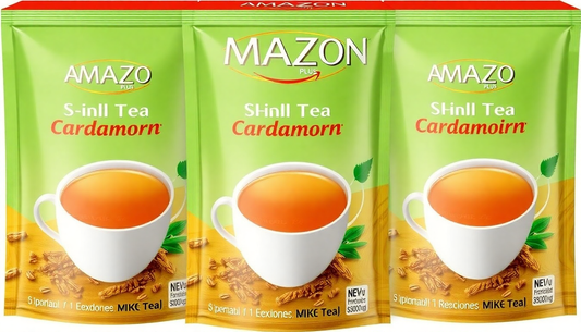 Three packets of instant cardamom tea premix Delhi with green and yellow packaging and cups of tea