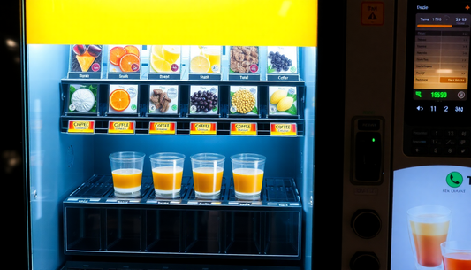 Coffee vending machine with four cups of fresh coffee inside, representing the best coffee machine dealer in Ghaziabad