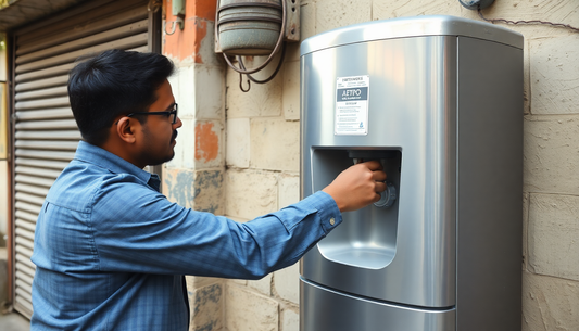 Man using a stainless steel commercial coffee vending machine against a brick wall background