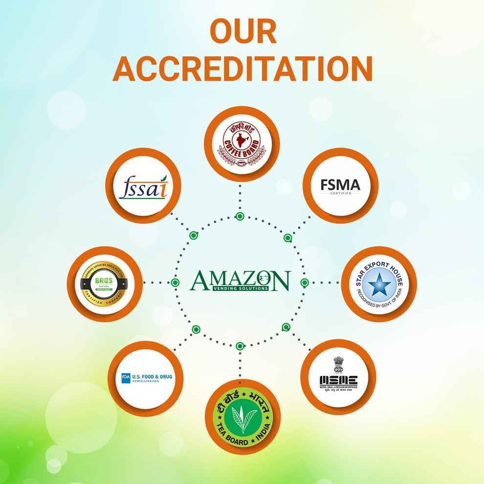 Accreditation logos surrounding Amazon Vending Solutions for Atlantis Cafe Express Masala Tea premix 1kg