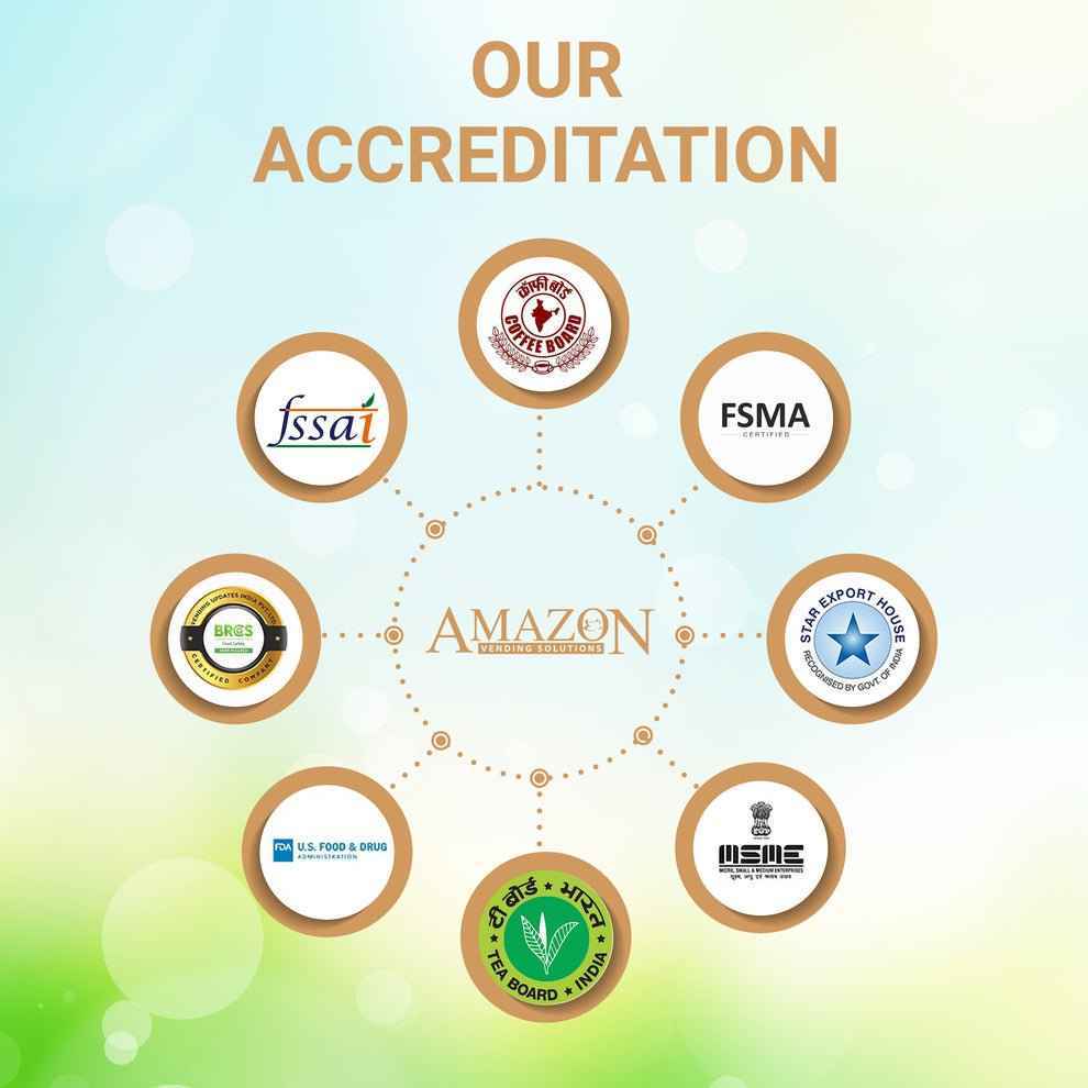 Various accreditation logos for Tea Coffee Vending Service including best Amazon choco milk powder 500g certification