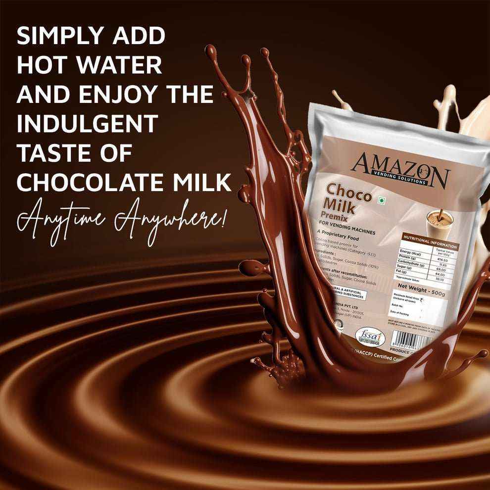 Best Amazon choco milk powder 500g pack splashing into rich chocolate milk background