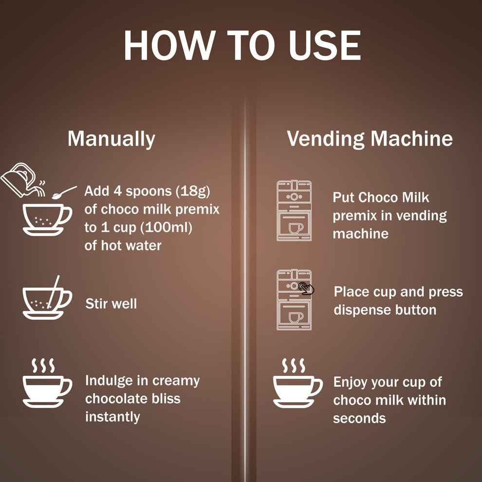 Instructions for using best Amazon choco milk powder 500g manually and with vending machine