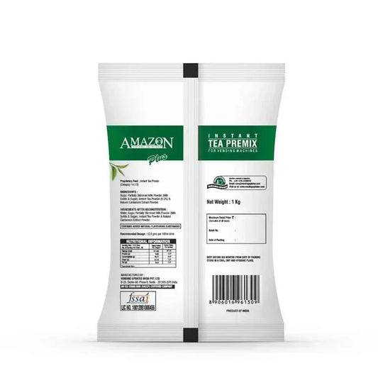 Amazon Plus instant tea powder for vending machines 1 kg pack with nutritional information and barcode
