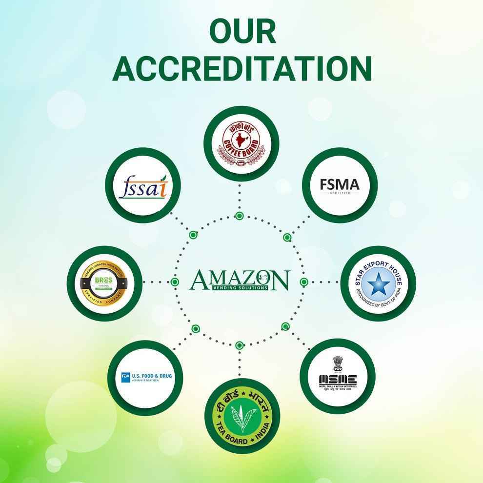 AMAZON Plus 3-in-1 Cardamom Tea Premix vendor accreditation logos arranged in a circular design