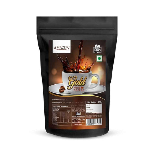 Amazon gold coffee powder 250g price pack with cup of coffee splash and coffee beans