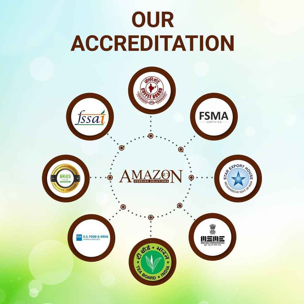 Amazon vending solutions accreditations including FSSAI FSMA Tea Board and other certifications for quality assurance