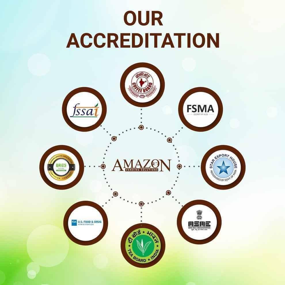 Amazon vending solutions accreditations including FSSAI FSMA Tea Board and other certifications for quality assurance