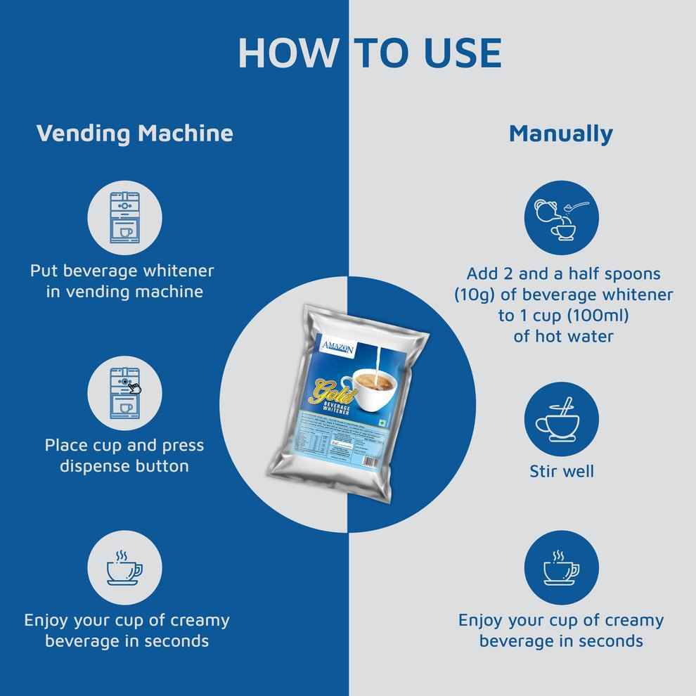 Instructions for using Amazon Gold dairy whitener price product with vending machine and manual preparation methods