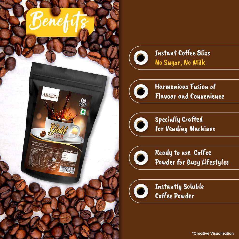 Amazon Gold instant coffee powder 250g pack surrounded by coffee beans with benefit highlights