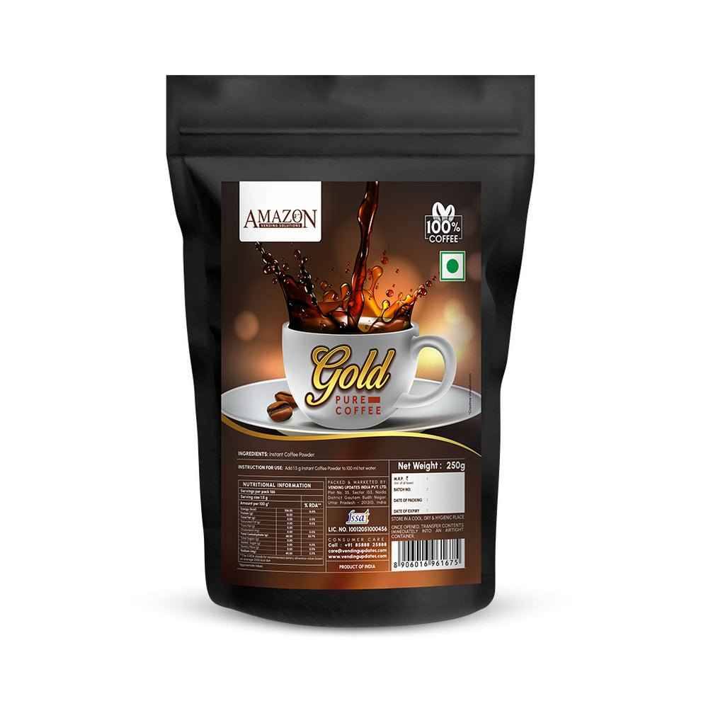 Amazon Gold instant coffee powder 250g pouch with rich coffee splash and aromatic beans
