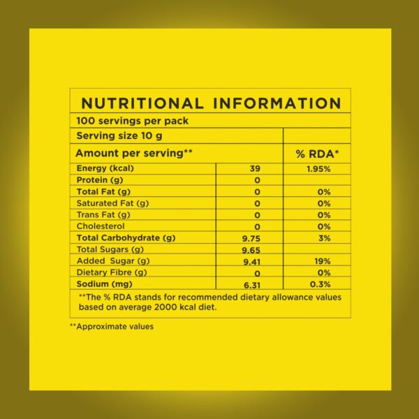 Nutritional information label for AMAZON Instacup Lemon Tea Powder showing energy and sugar content