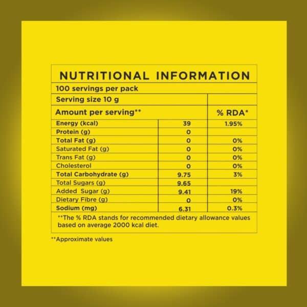 Nutritional information label for AMAZON Instacup Lemon Tea Powder showing energy and sugar content
