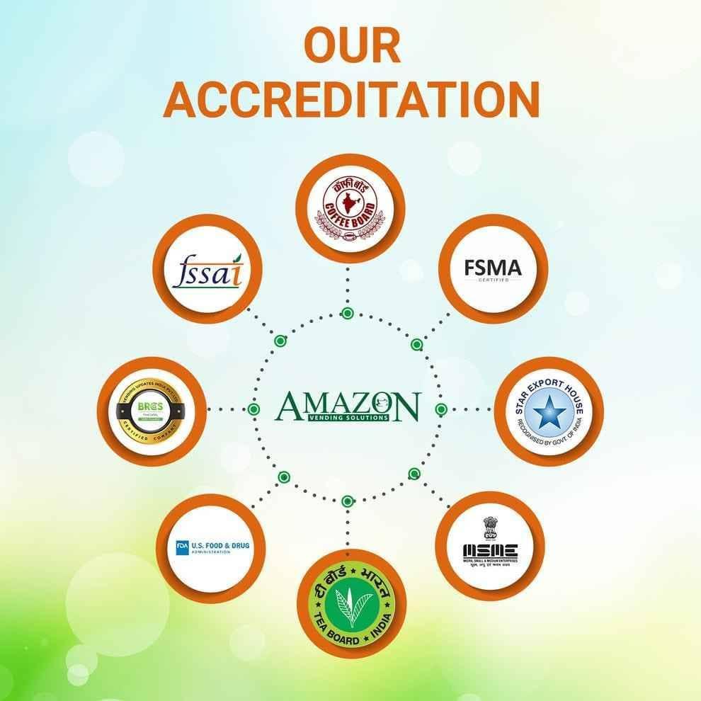Amazon vending solutions accreditation logos including FSSAI FSMA and Tea Board for instant masala chai premix