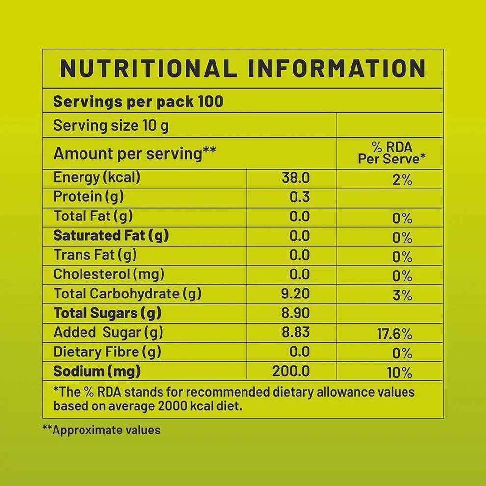 Nutritional information label showing values per serving for lemon masala tea premix price pack
